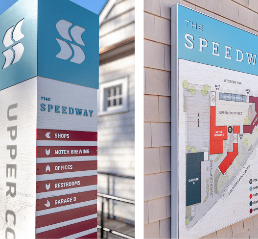 The Speedway wayfinding pillar sign and site map
