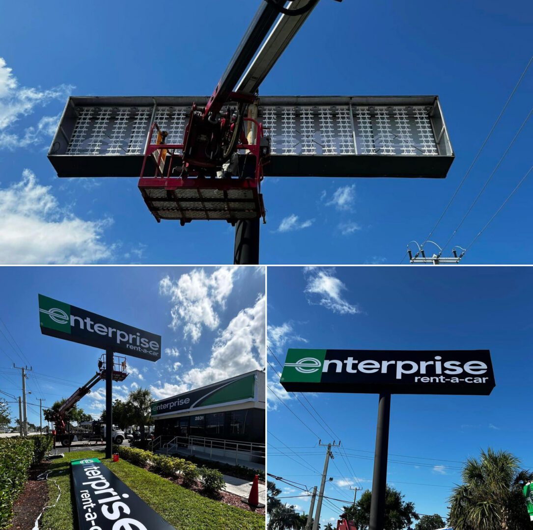 crew with crane installing enterprise rent a car exterior pylon sign at storefront