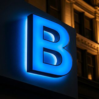 Combination Lit blue sign depicting the letter B
