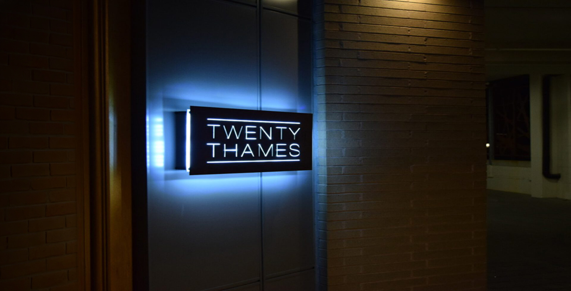 reverse lit halo illuminated metal sign for Twenty Thames