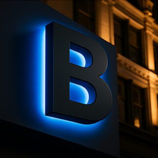 Halo Reverse Lit blue sign depicting the letter B